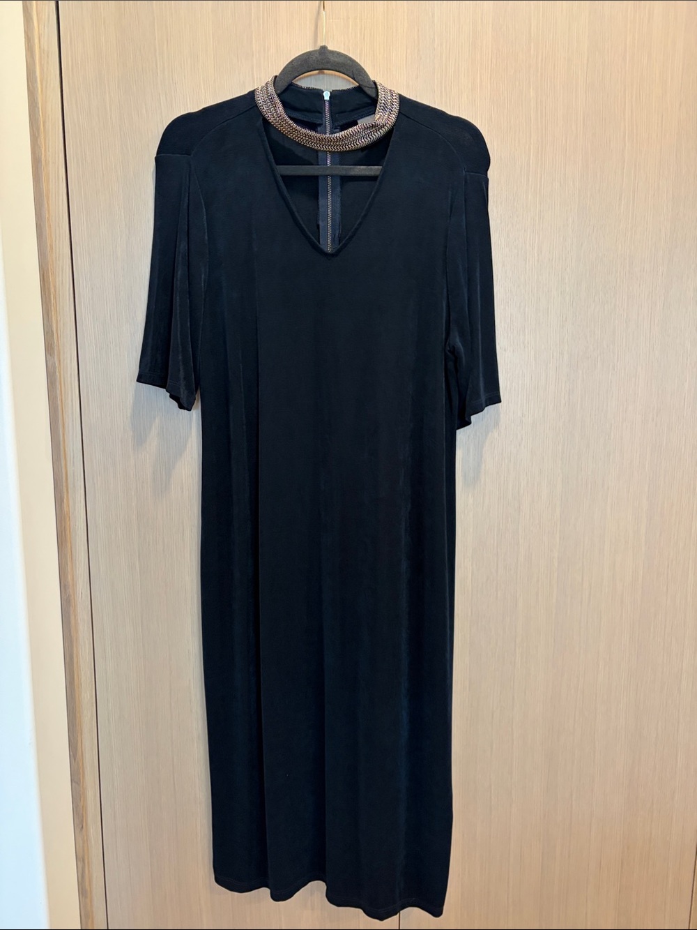 Chic Black Midi Dress with Embellished Neckline